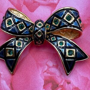 VTG Joan Rivers Blue Black Enamel Green Rhinestone Bow Brooch